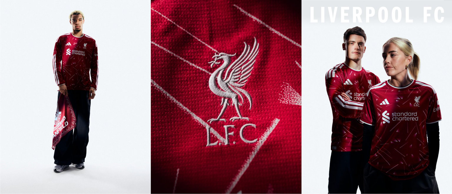 Visual featuring Liverpool players wearing the new Liverpool 26/27 Home Kit