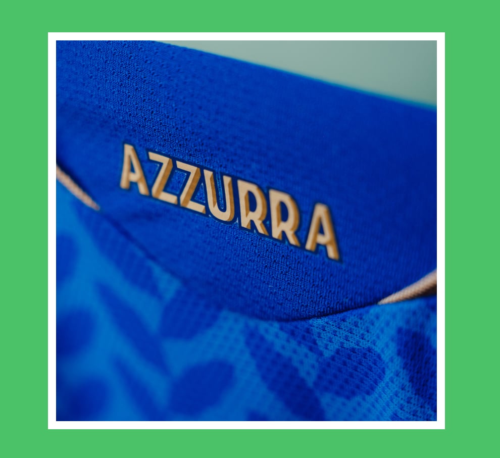 Visual composition featuring the back of the Italy FIFA World Cup 26™ Home Uniform