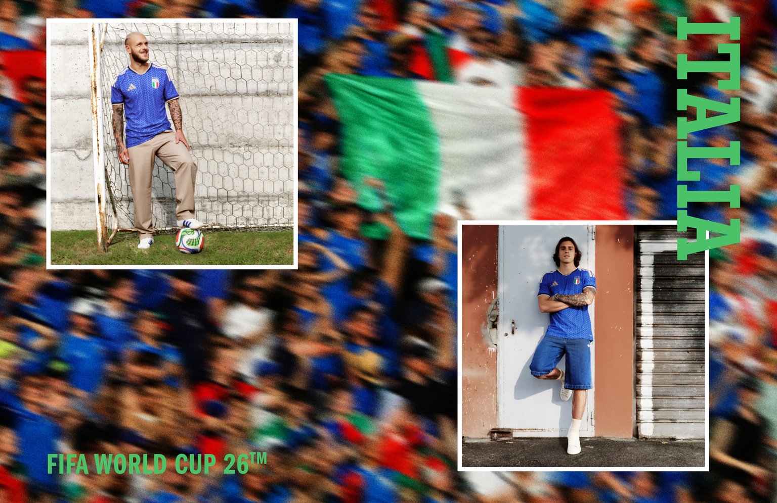Visual composition featuring Riccardo Calafiori wearing the Italy FIFA World Cup 26™ Home Uniform