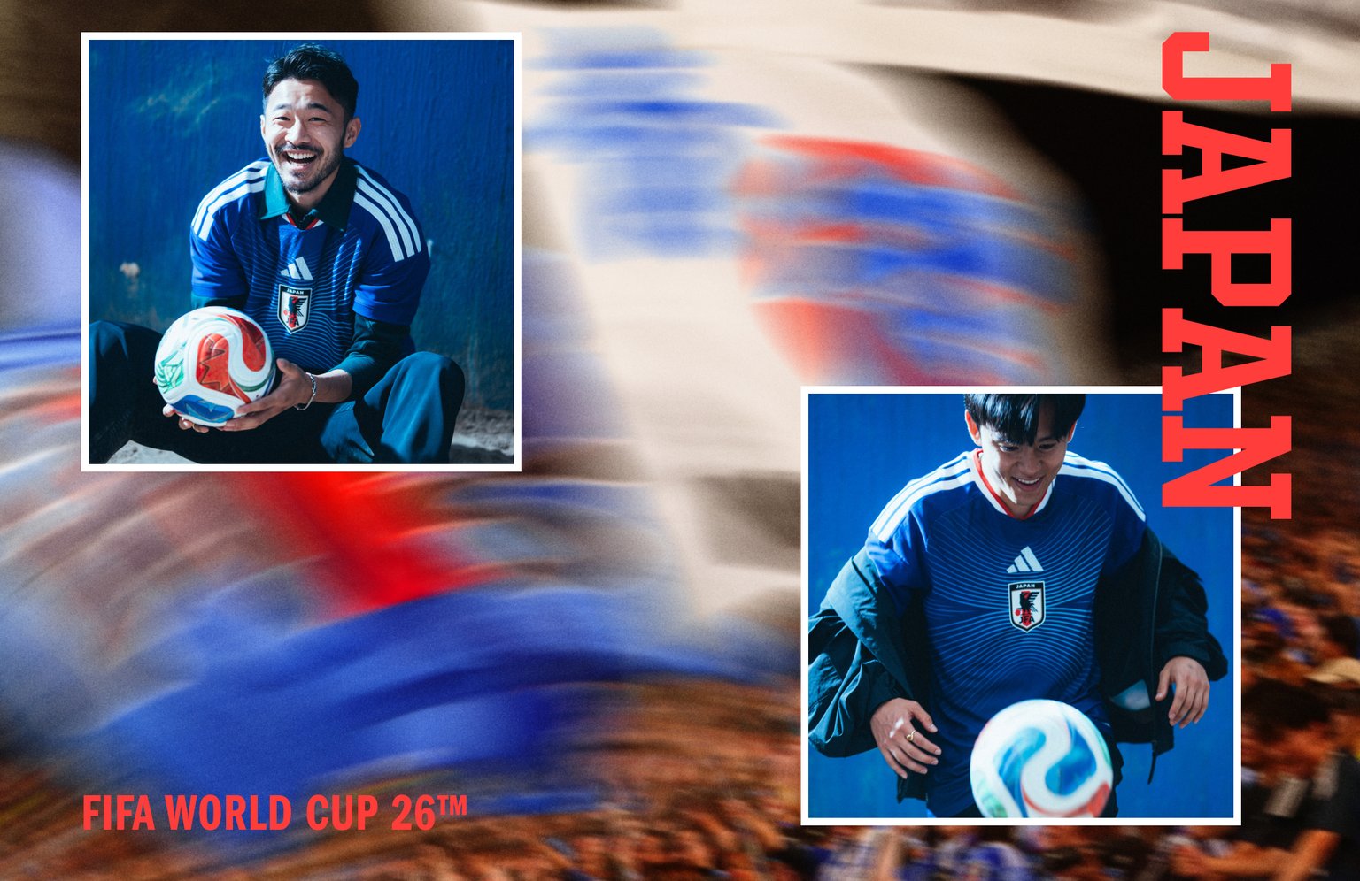 Visual composition featuring Takefusa Kubo wearing the Japan FIFA World Cup 26™ Home Uniform