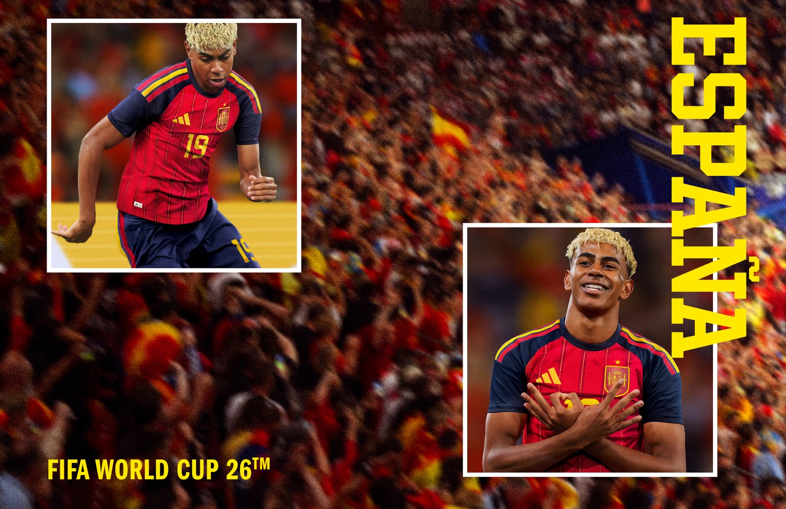 Visual composition featuring Lamine Yamal wearing the Spain FIFA World Cup 26™ Home Uniform